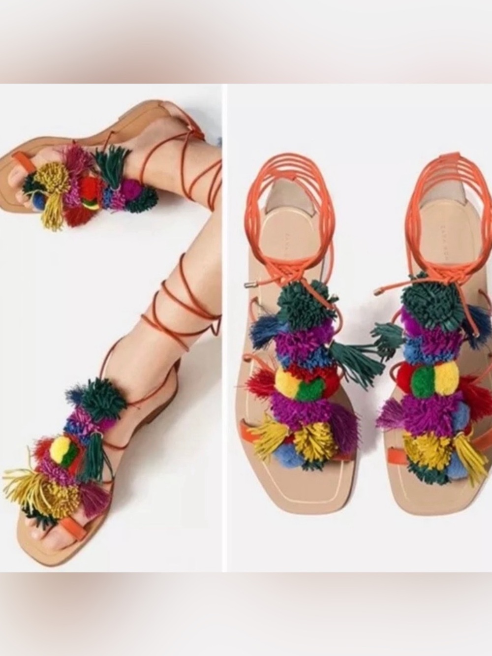 Zara Woman Multicolor Pom Pom Lace-Up Women's Sandals Size 37 / 6.5 US
